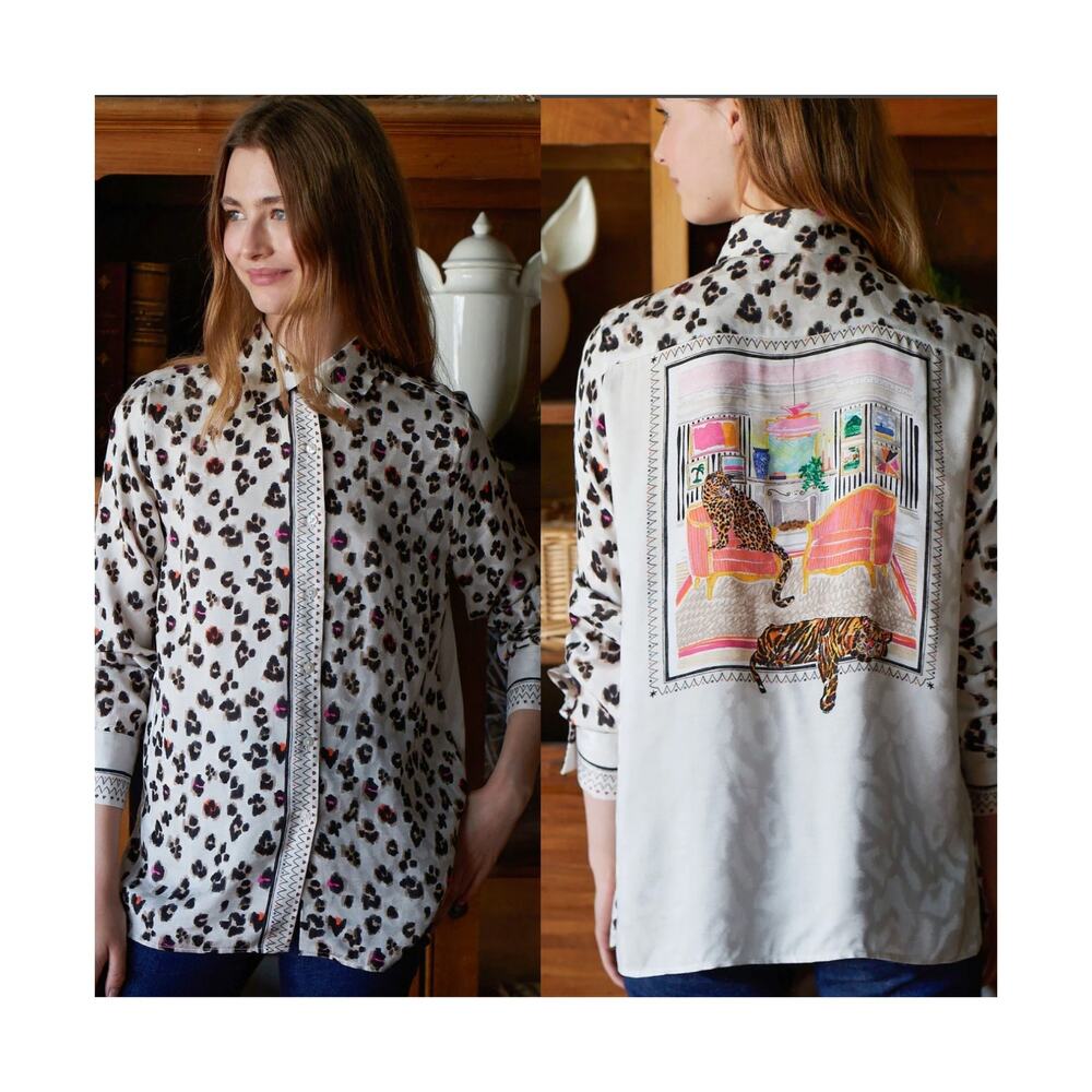 Vilagallo Mariela Tiger Leopard Print Button Front Shirt White Size 38 US 4